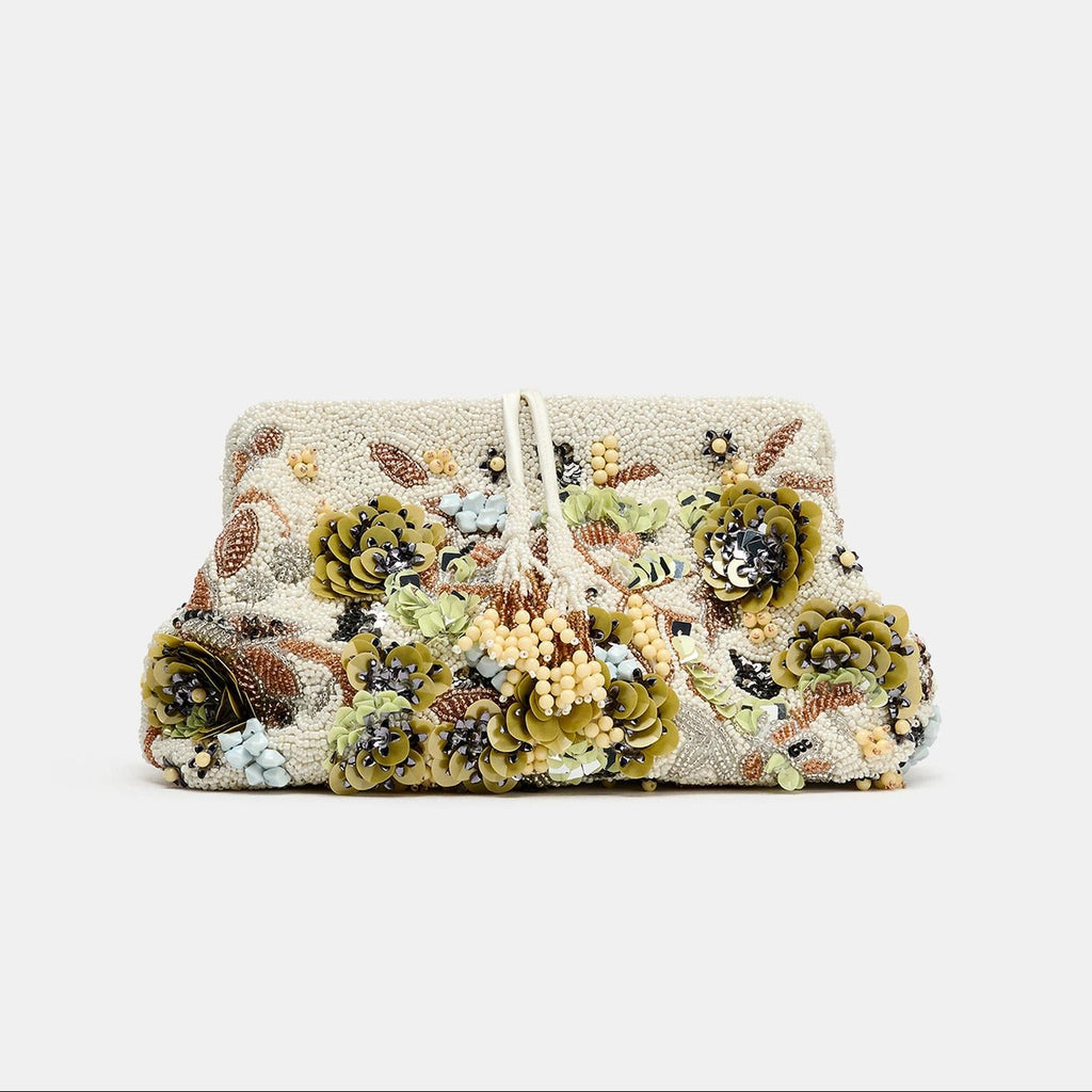 Beaded-print clasp clutch