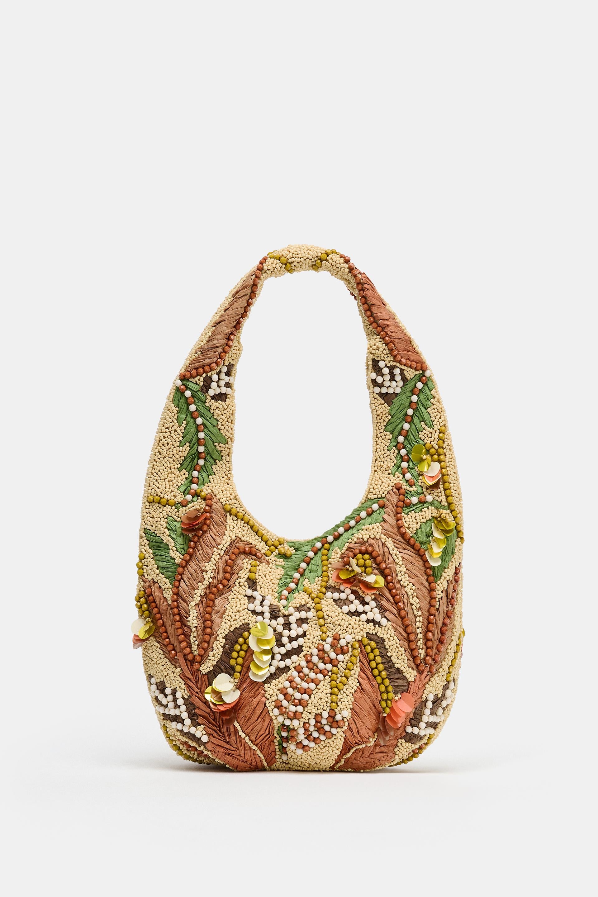 Beaded-print raffia bag