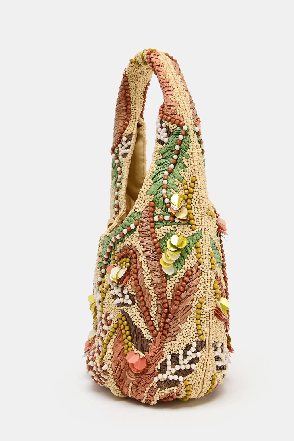 Beaded-print raffia bag