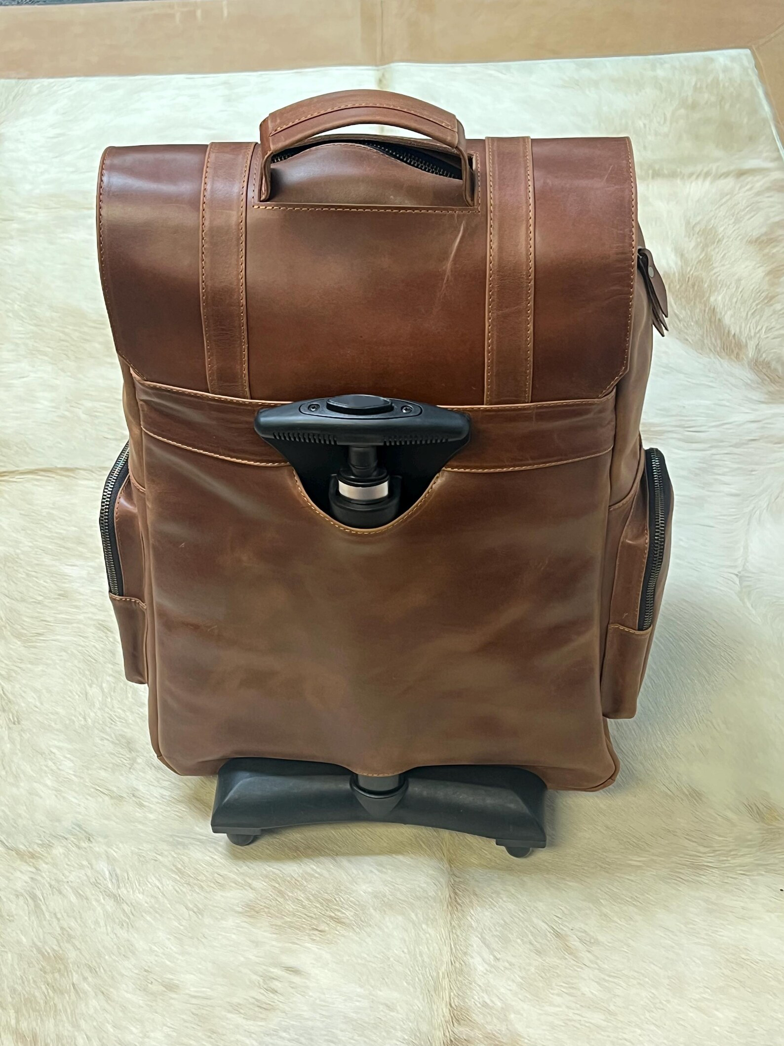 Vintage Genuine Leather Rolling Travel Luggage Backpack