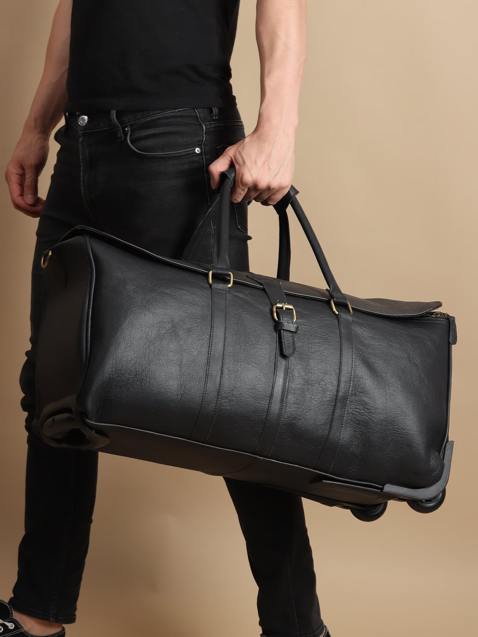 Black Leather Wheeled Weekender Carry On Bag