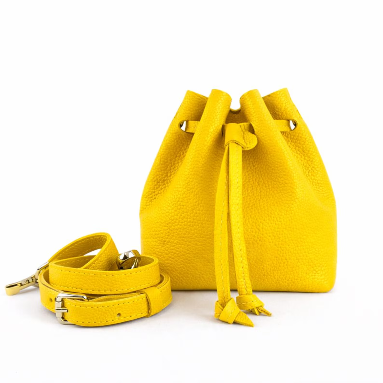 Bright Yellow Pebbled Leather Drawstring Mini Bucket Crossbody Bag