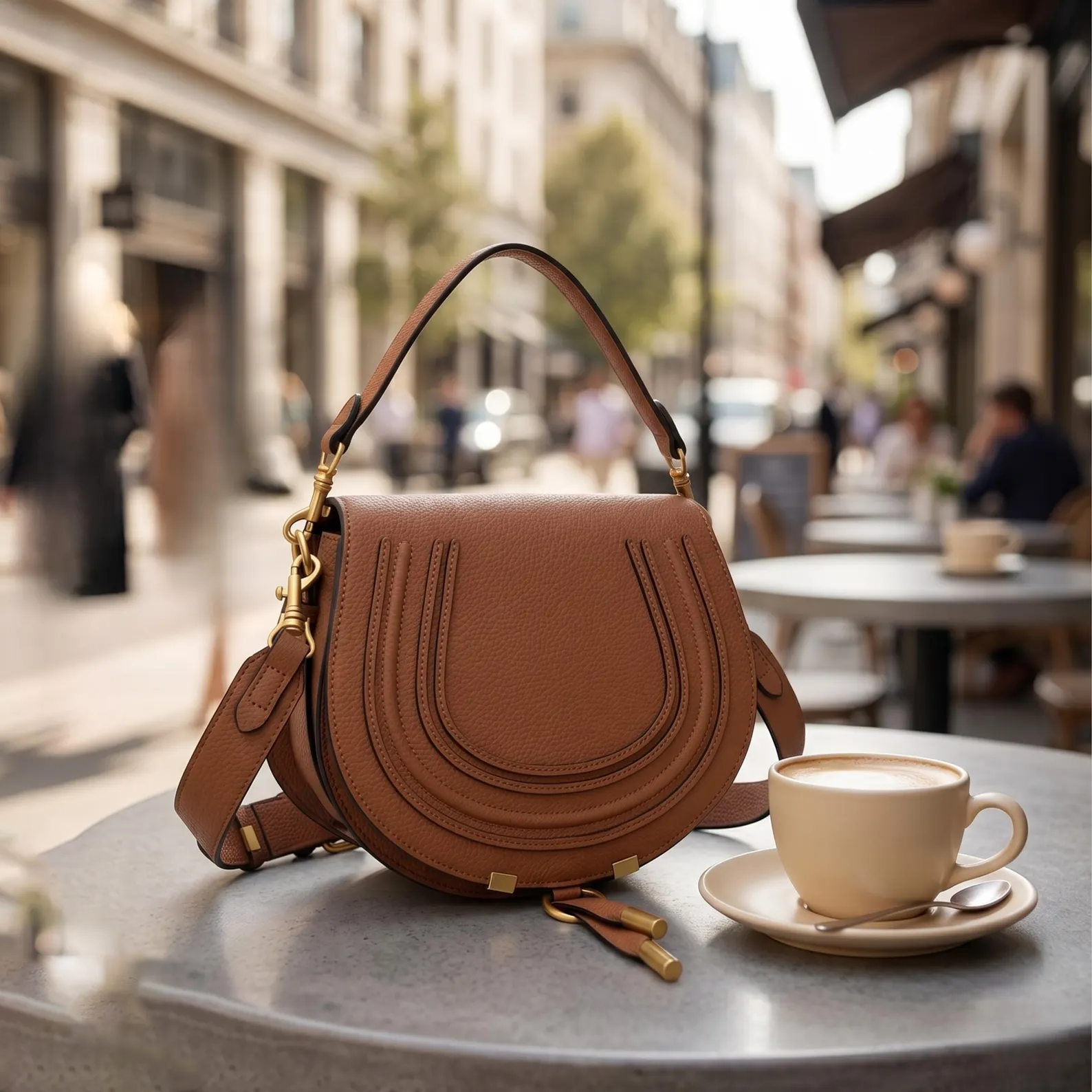 U-Stitch Genuine Leather Half Moon Saddle Crossbody Bag