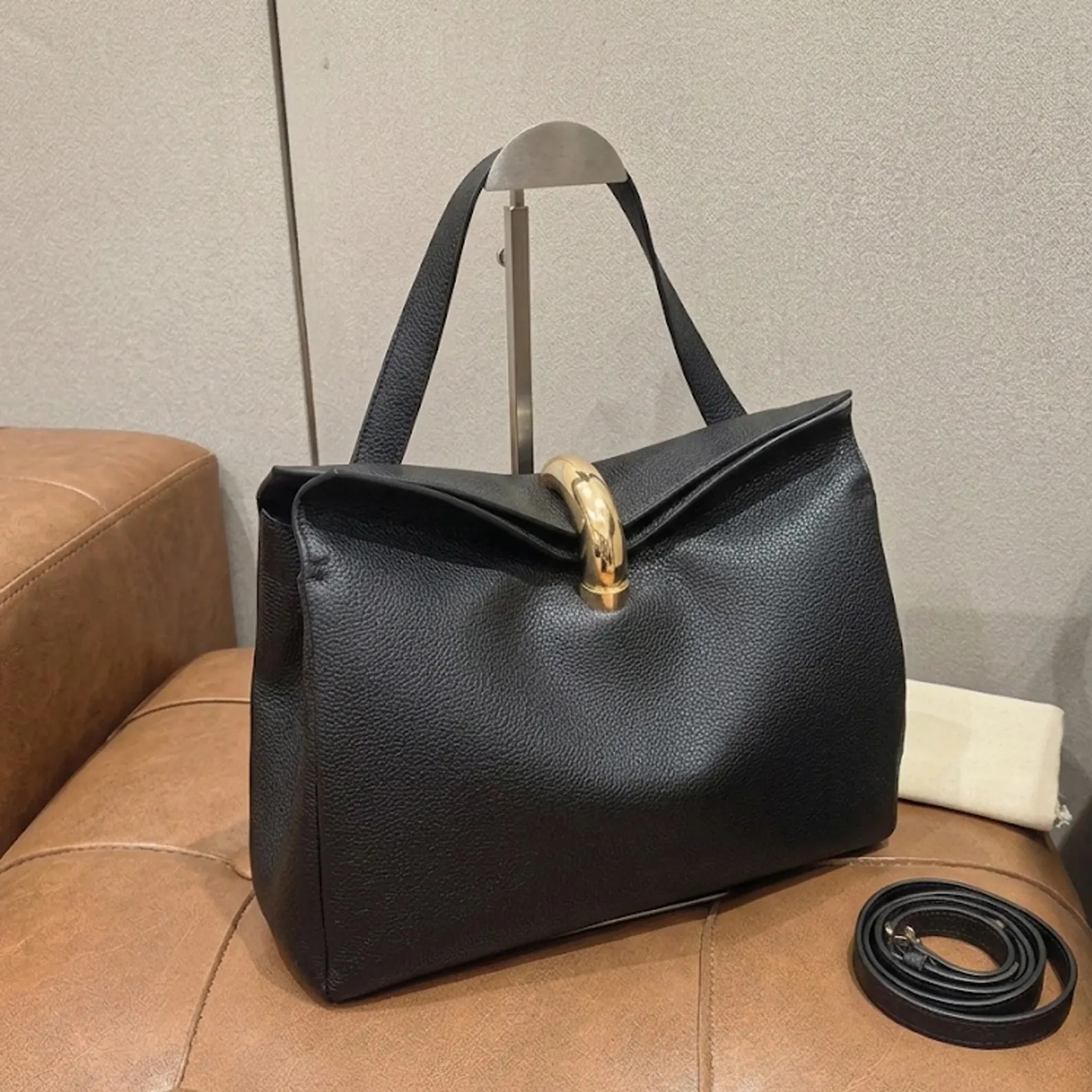 Gold Bar Buckle Pebbled Leather Foldover Tote Shoulder Bag