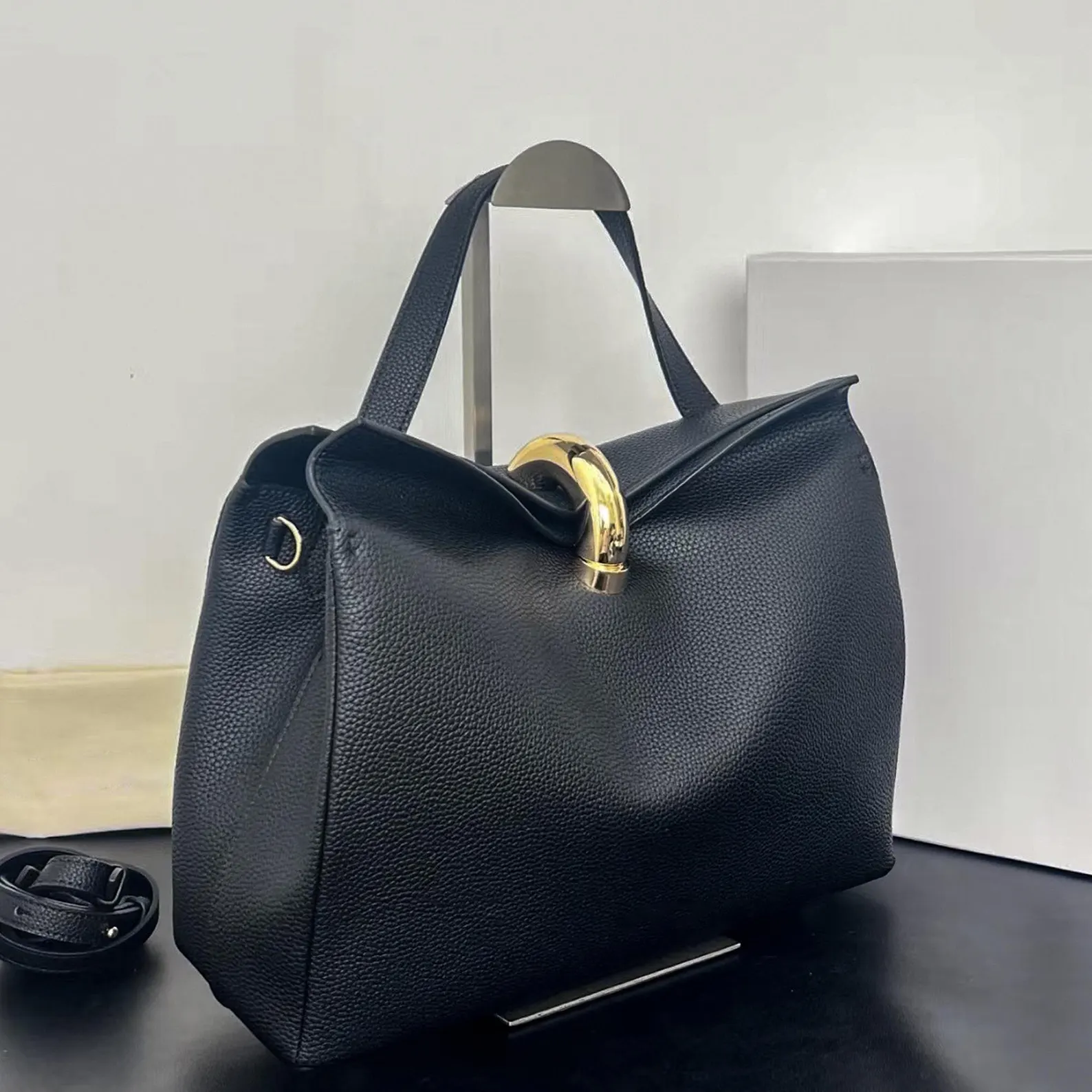 Gold Bar Buckle Pebbled Leather Foldover Tote Shoulder Bag