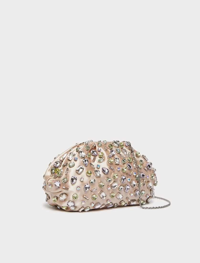 Satin handbag embellished with powder-colored cabochon stones