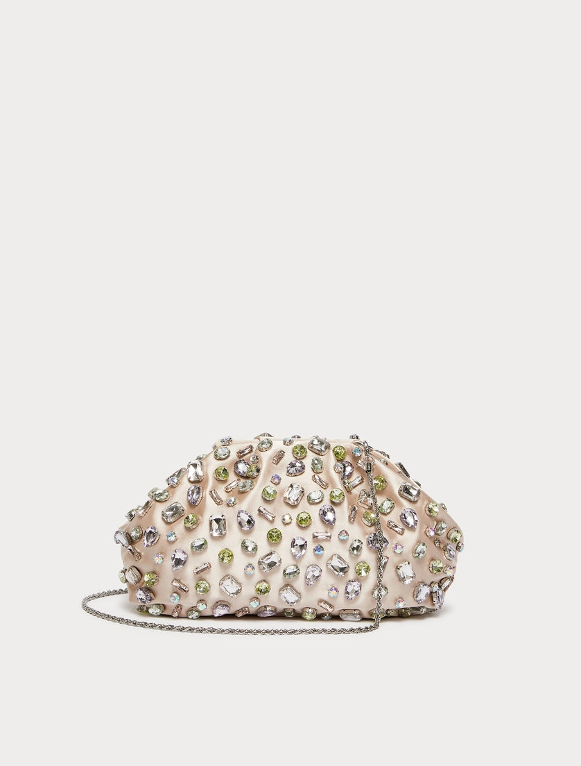 Satin handbag embellished with powder-colored cabochon stones
