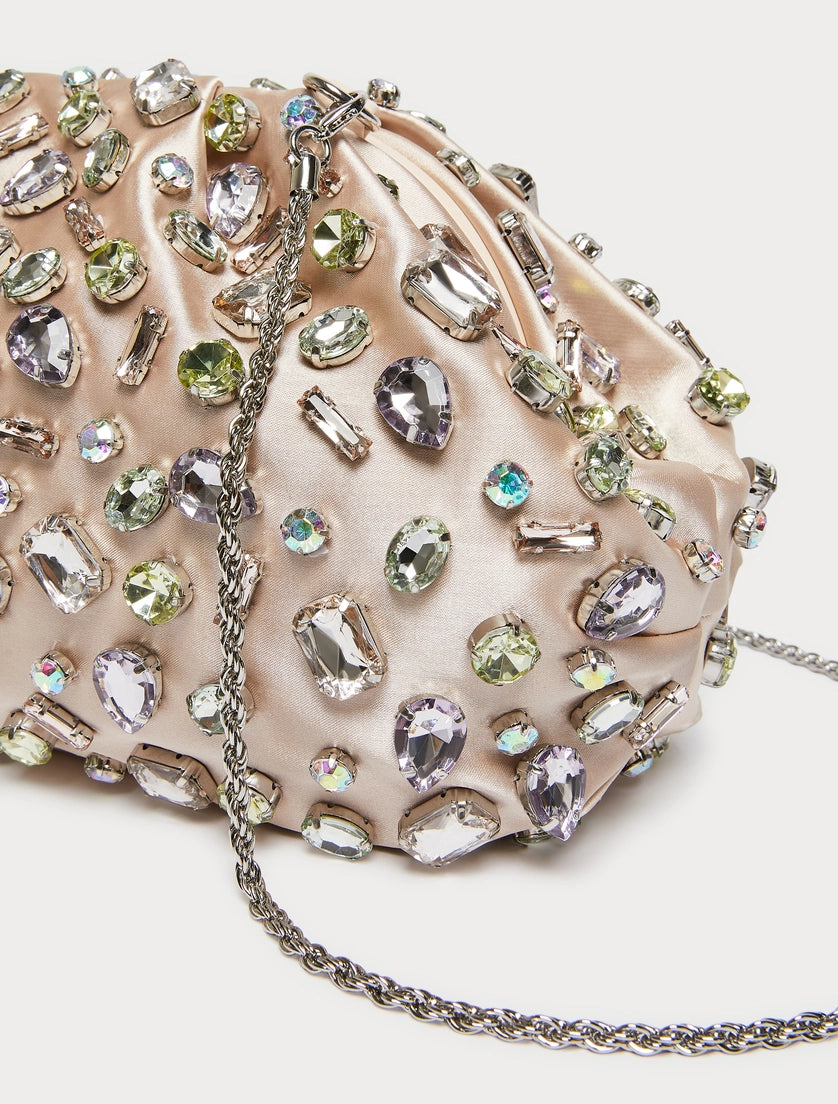 Satin handbag embellished with powder-colored cabochon stones