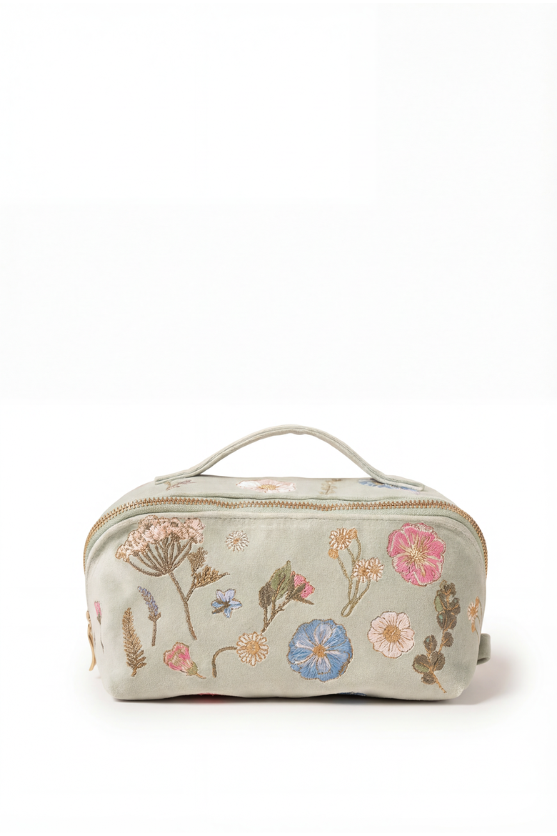 Embossed velvet lay-flat open-style makeup bag