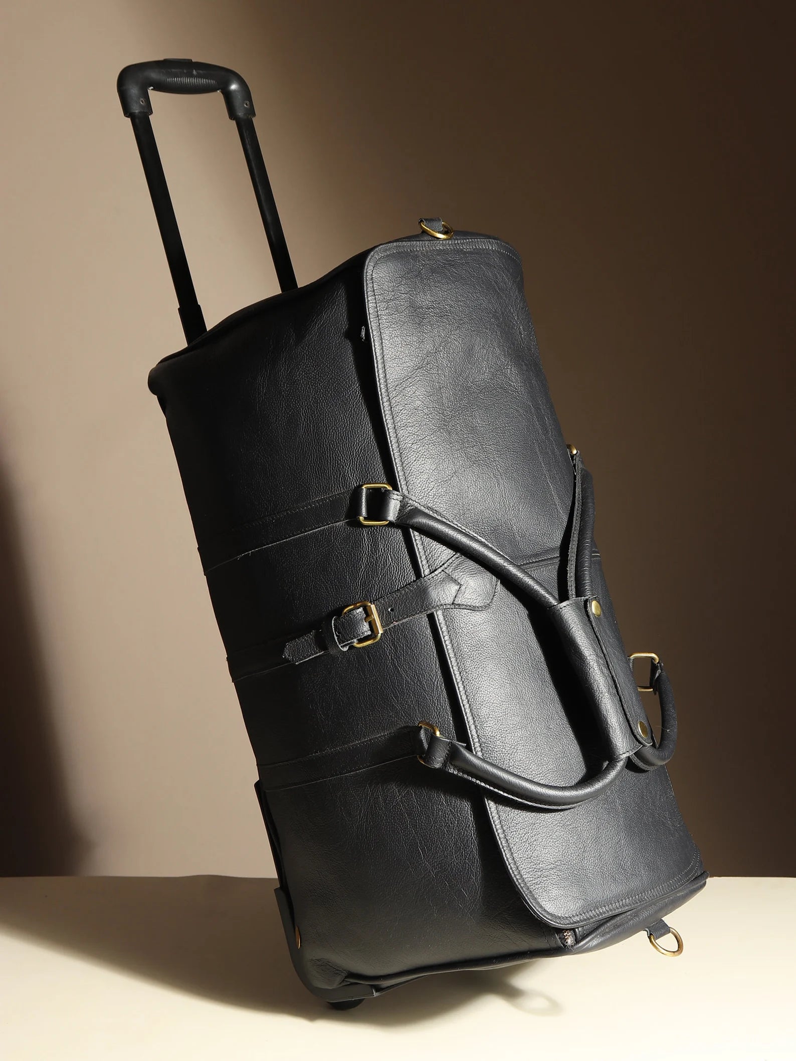 Black Leather Wheeled Weekender Carry On Bag