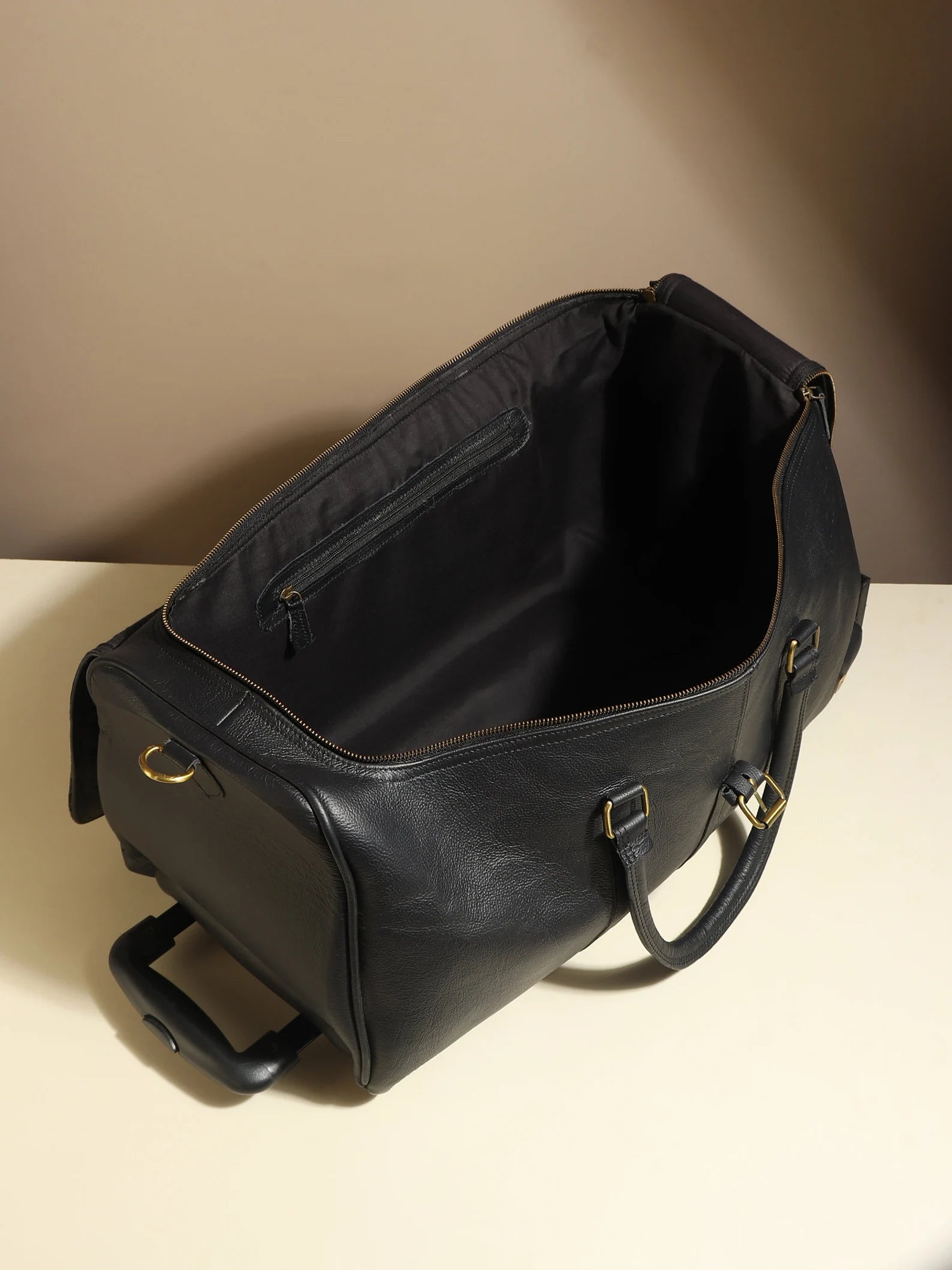 Black Leather Wheeled Weekender Carry On Bag