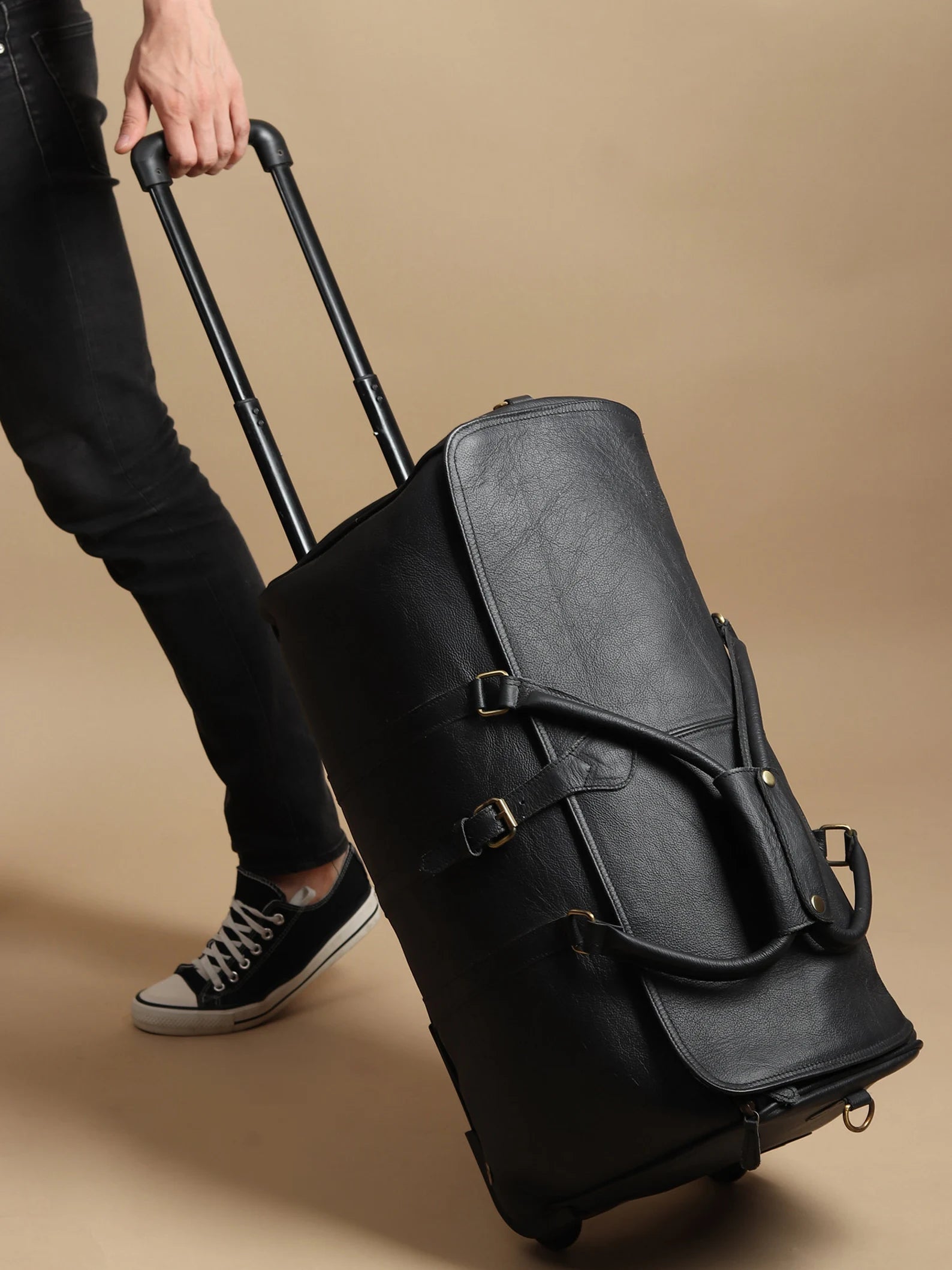 Black Leather Wheeled Weekender Carry On Bag