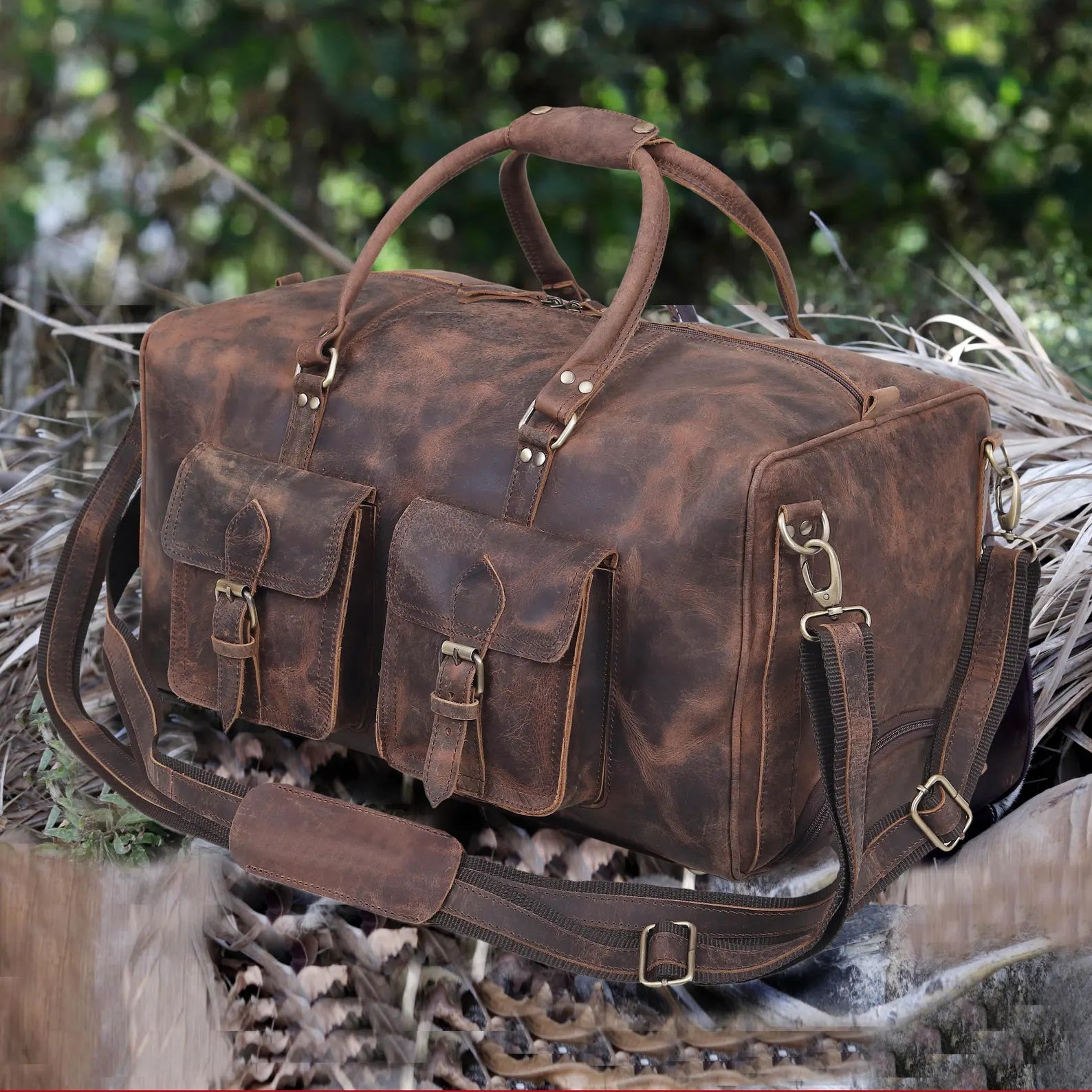 Full Grain Leather Wheeled Rolling Duffel Carry On Luggage