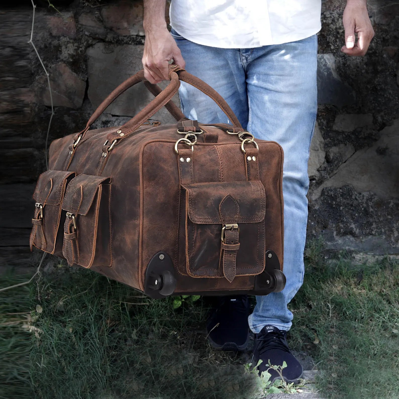 Full Grain Leather Wheeled Rolling Duffel Carry On Luggage
