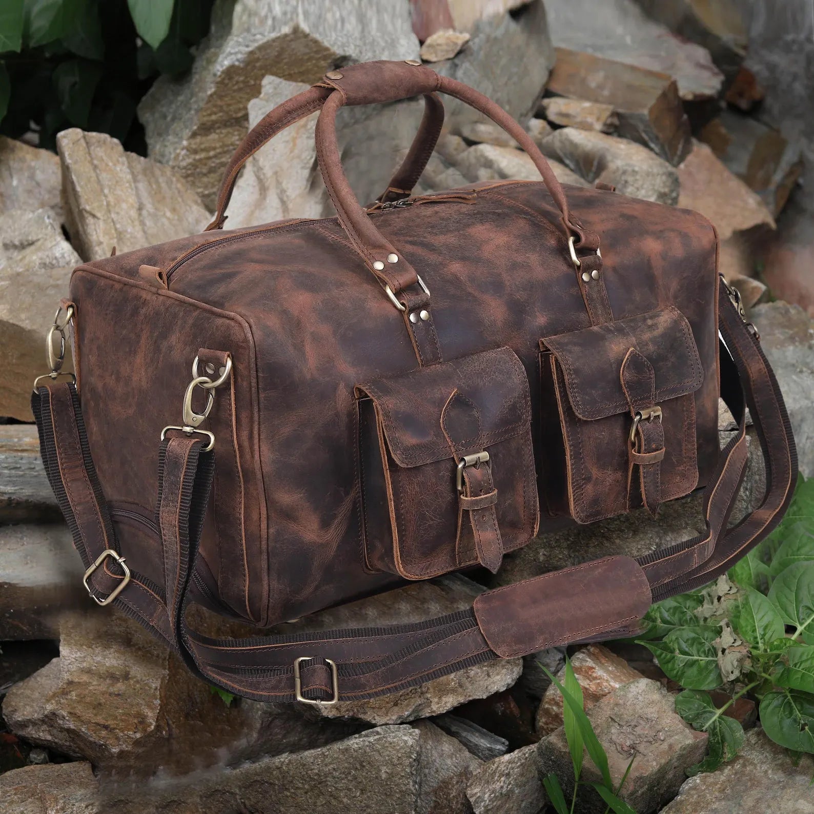 Full Grain Leather Wheeled Rolling Duffel Carry On Luggage