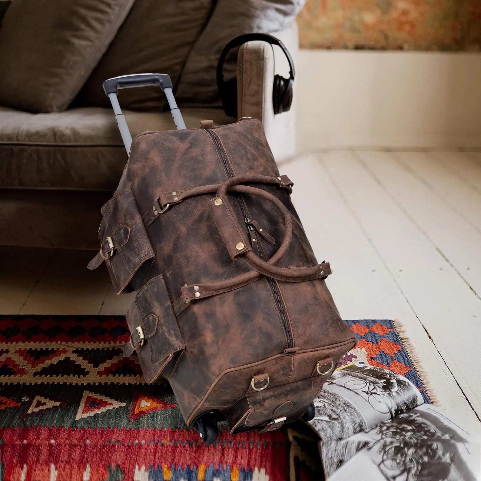 Full Grain Leather Wheeled Rolling Duffel Carry On Luggage