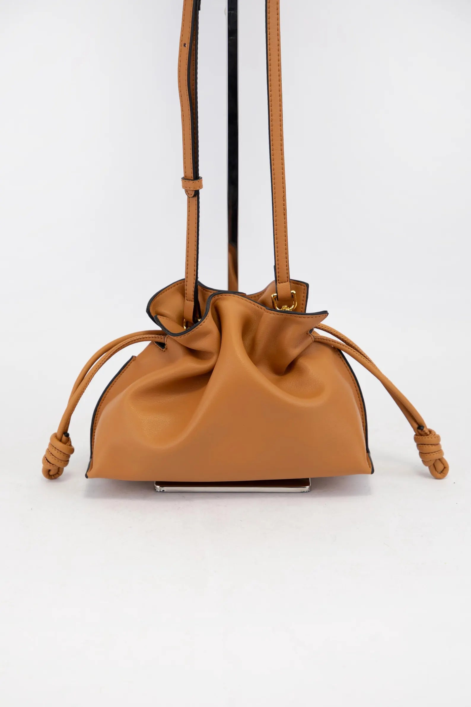 Soft Leather Knotted Drawstring Mini Crossbody Bucket Bag