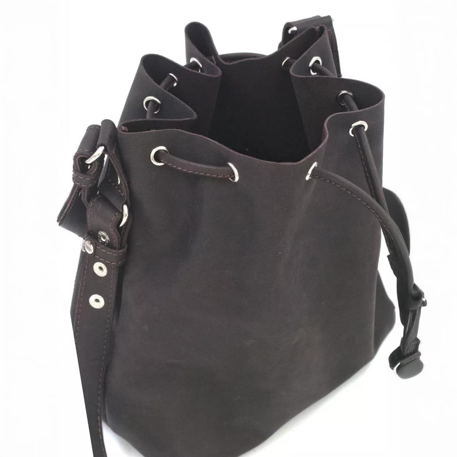 Minimalist Black Leather Drawstring Bucket Crossbody Bag