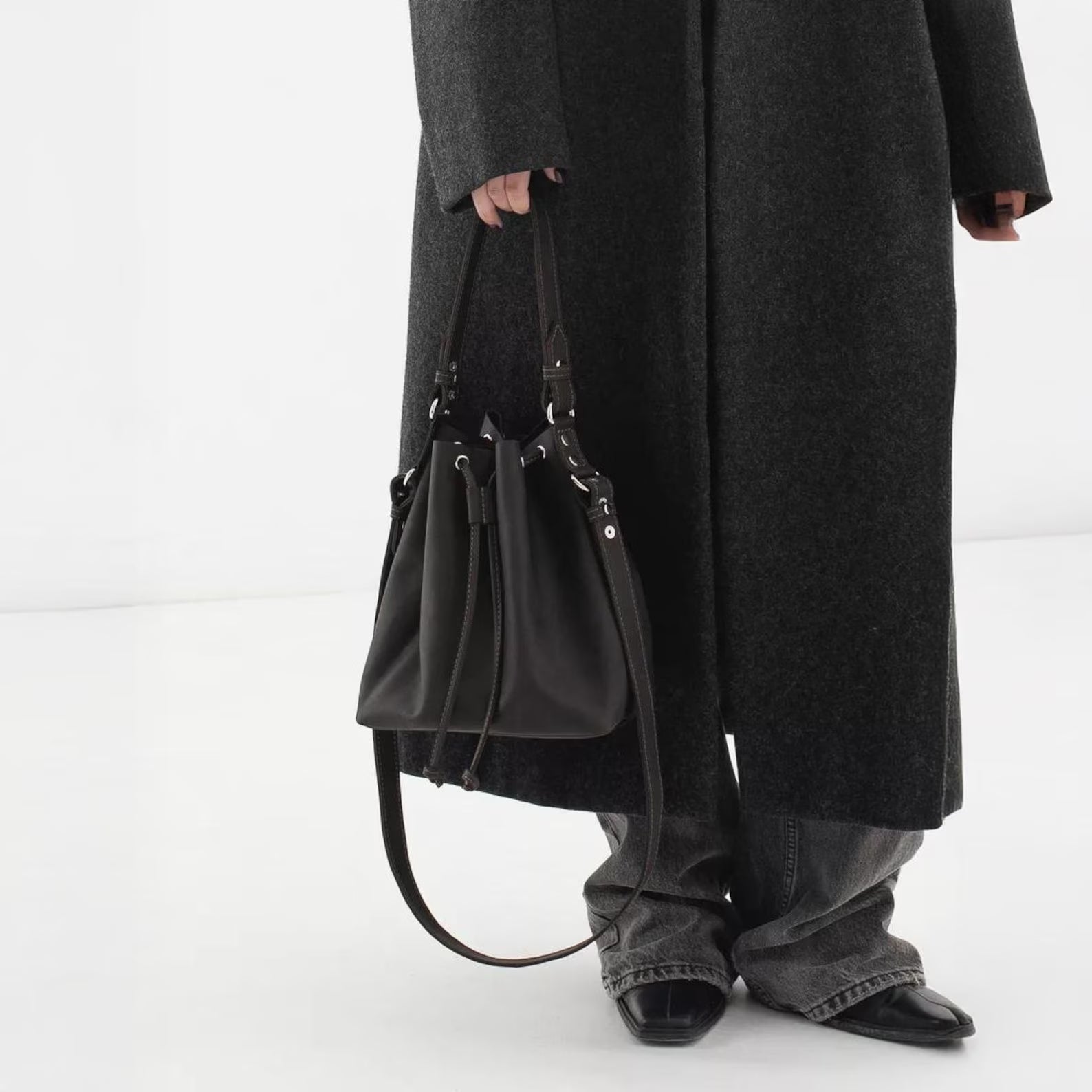 Minimalist Black Leather Drawstring Bucket Crossbody Bag