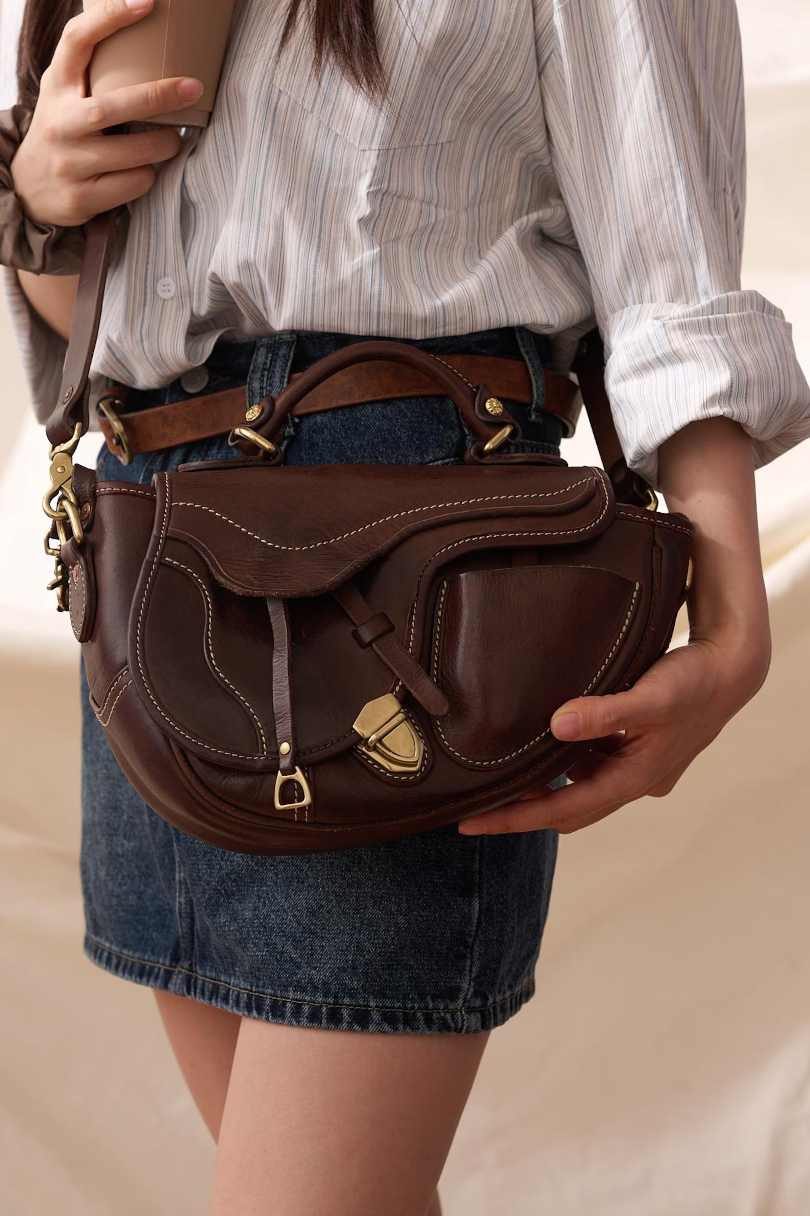 Vintage Dark Brown Full Grain Leather Saddle Crossbody Bag