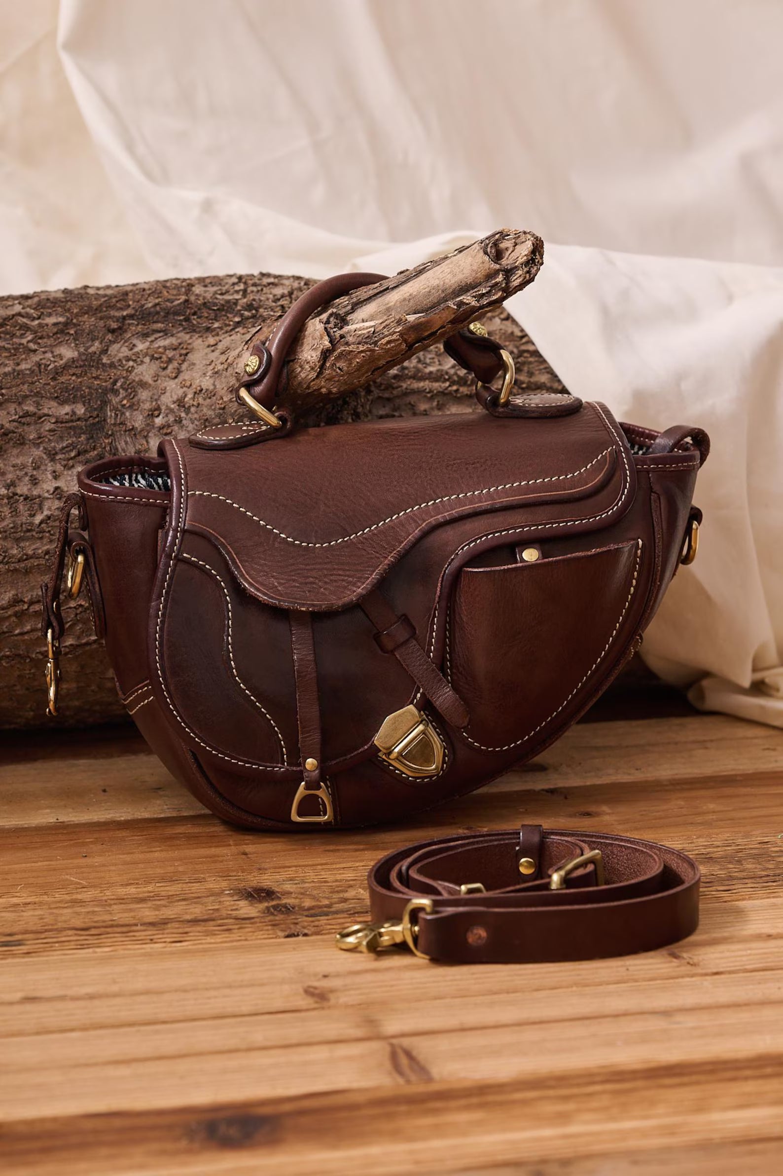 Vintage Dark Brown Full Grain Leather Saddle Crossbody Bag