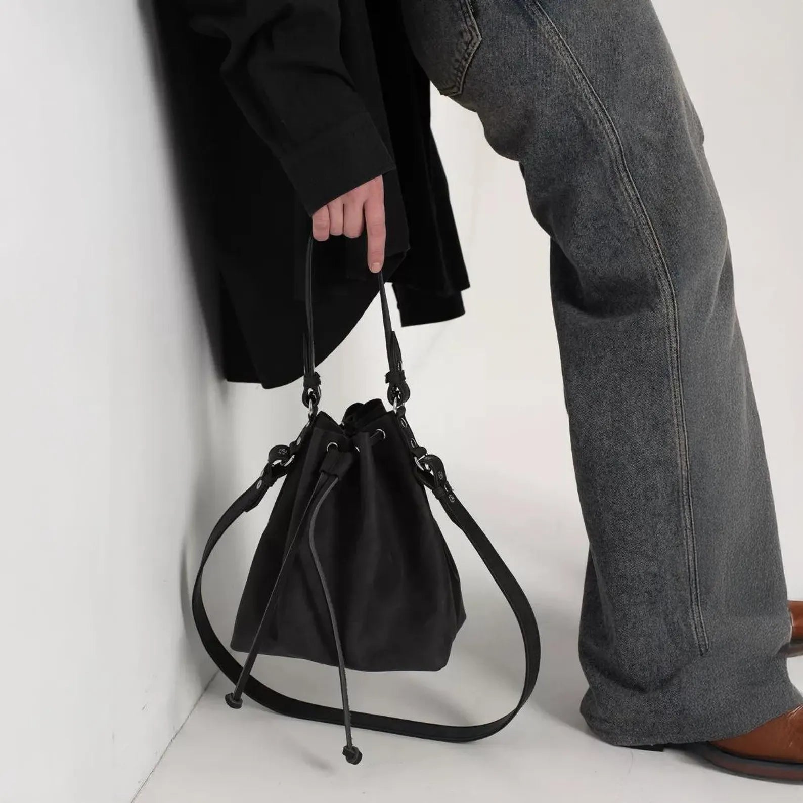 Minimalist Black Leather Drawstring Bucket Crossbody Bag