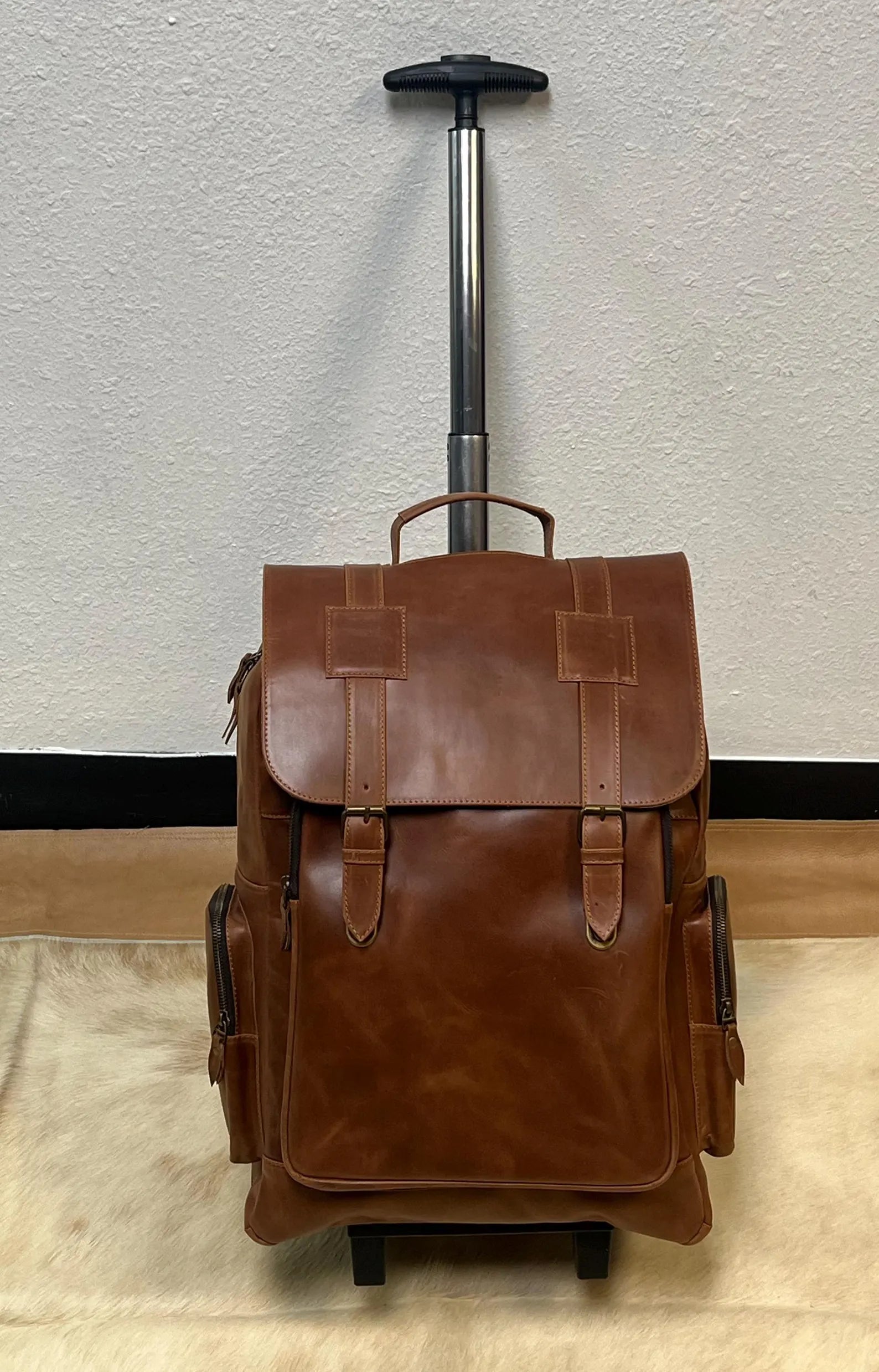 Vintage Genuine Leather Rolling Travel Luggage Backpack
