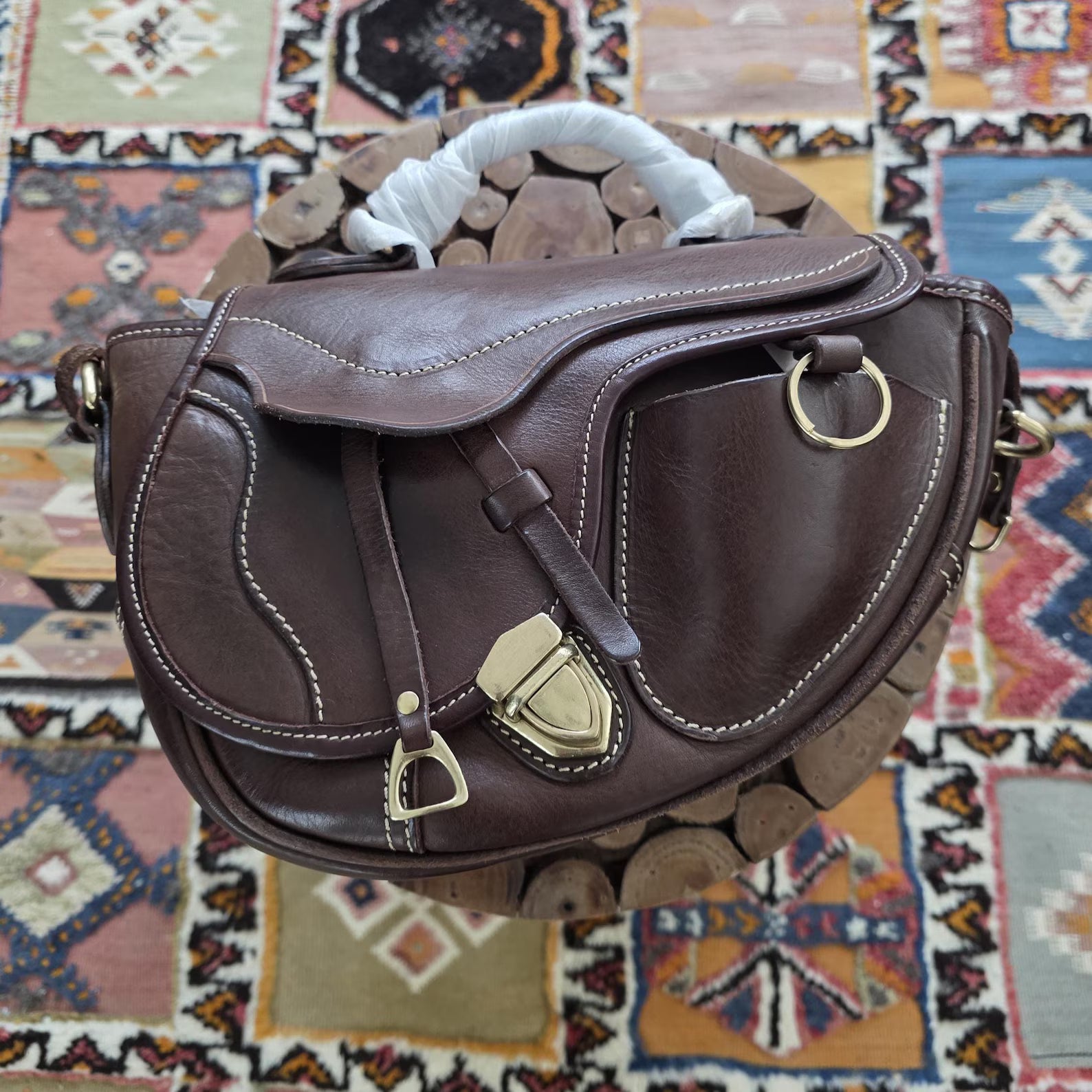 Vintage Dark Brown Full Grain Leather Saddle Crossbody Bag