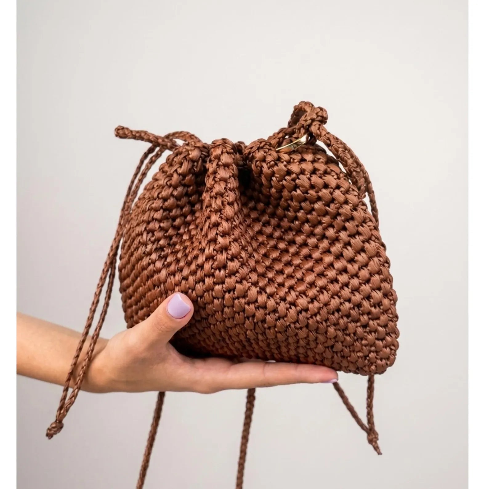 Hand Crochet Raffia Drawstring Mini Crossbody Bucket Bag