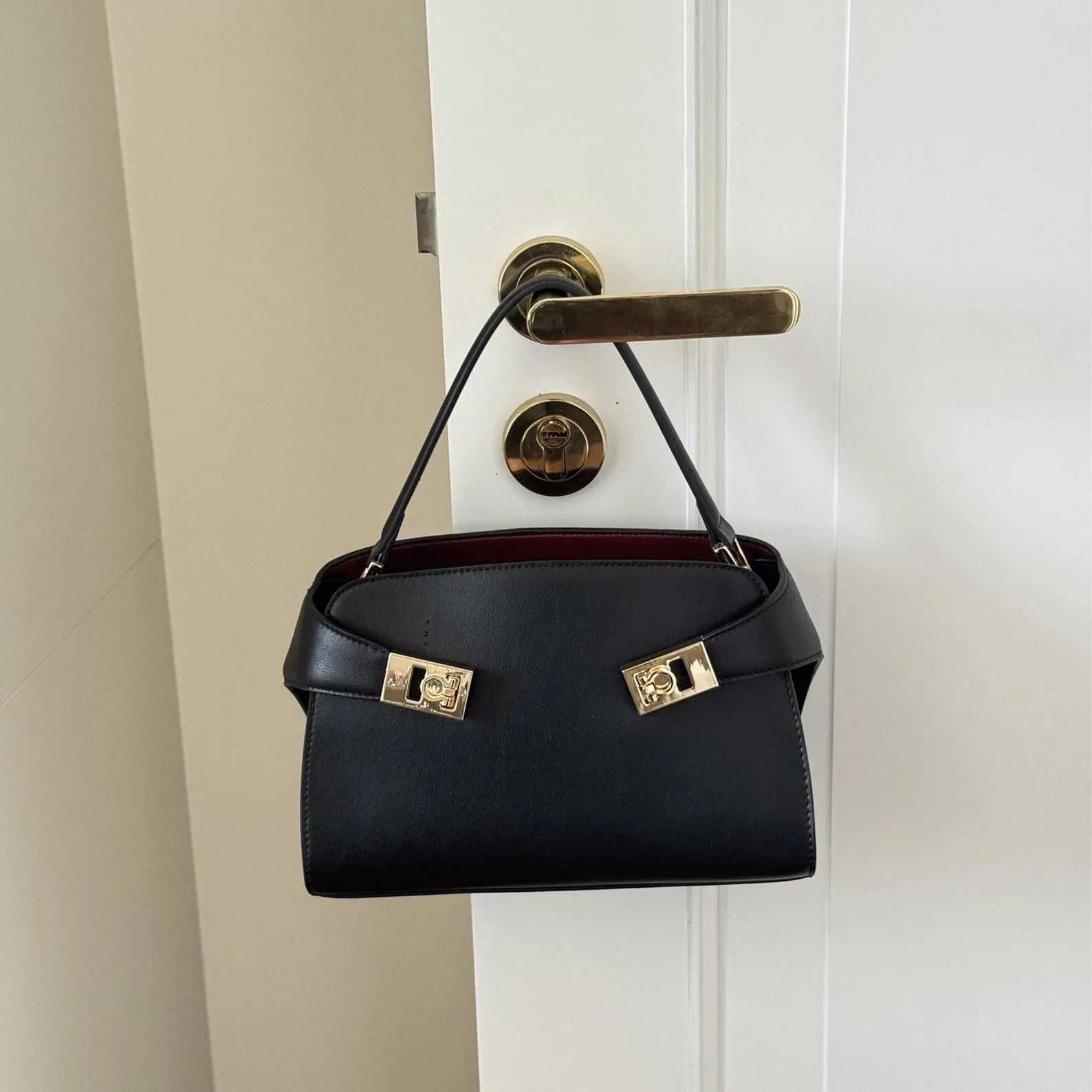Dual Gold Turn Lock Leather Mini Top Handle Shoulder Bag