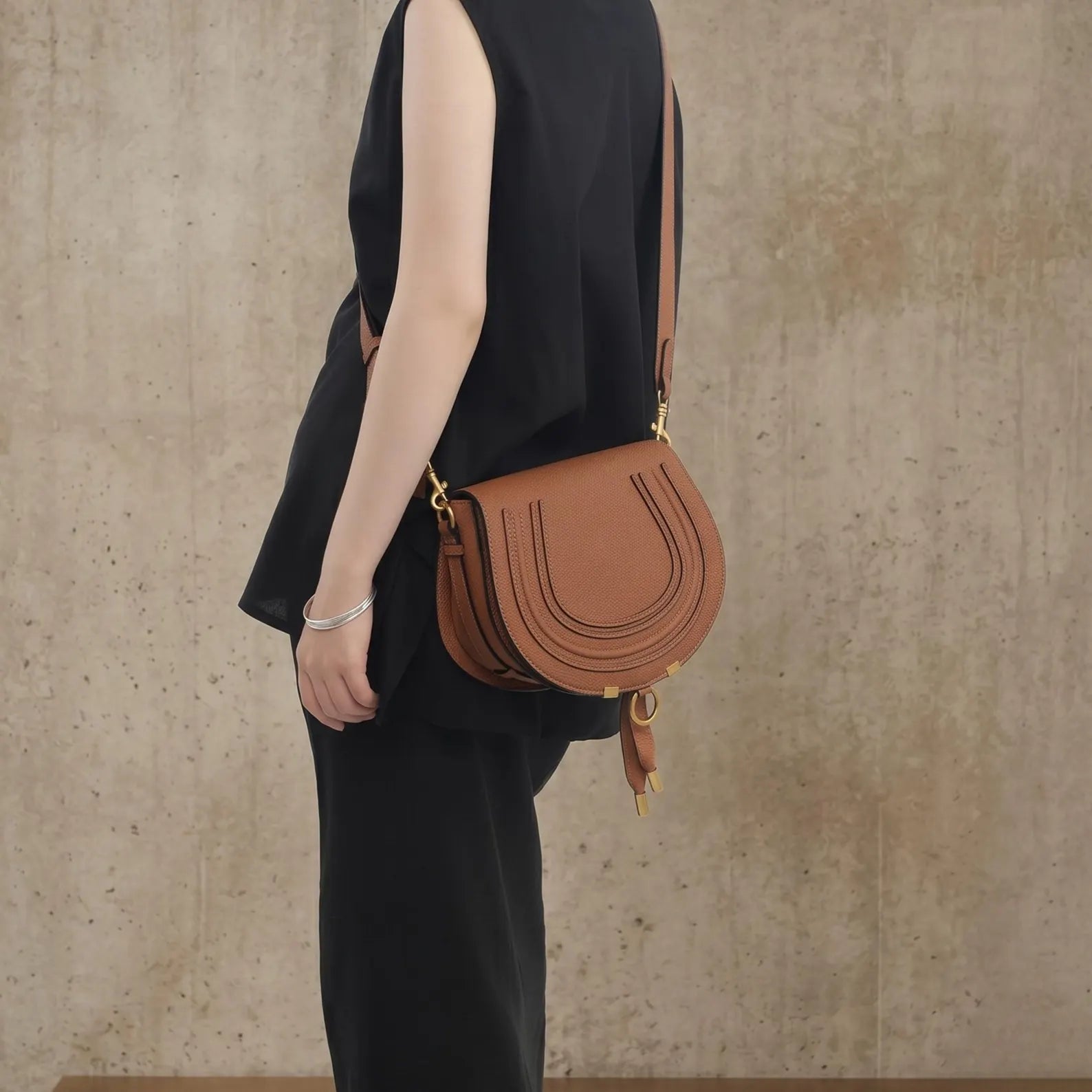 U-Stitch Genuine Leather Half Moon Saddle Crossbody Bag
