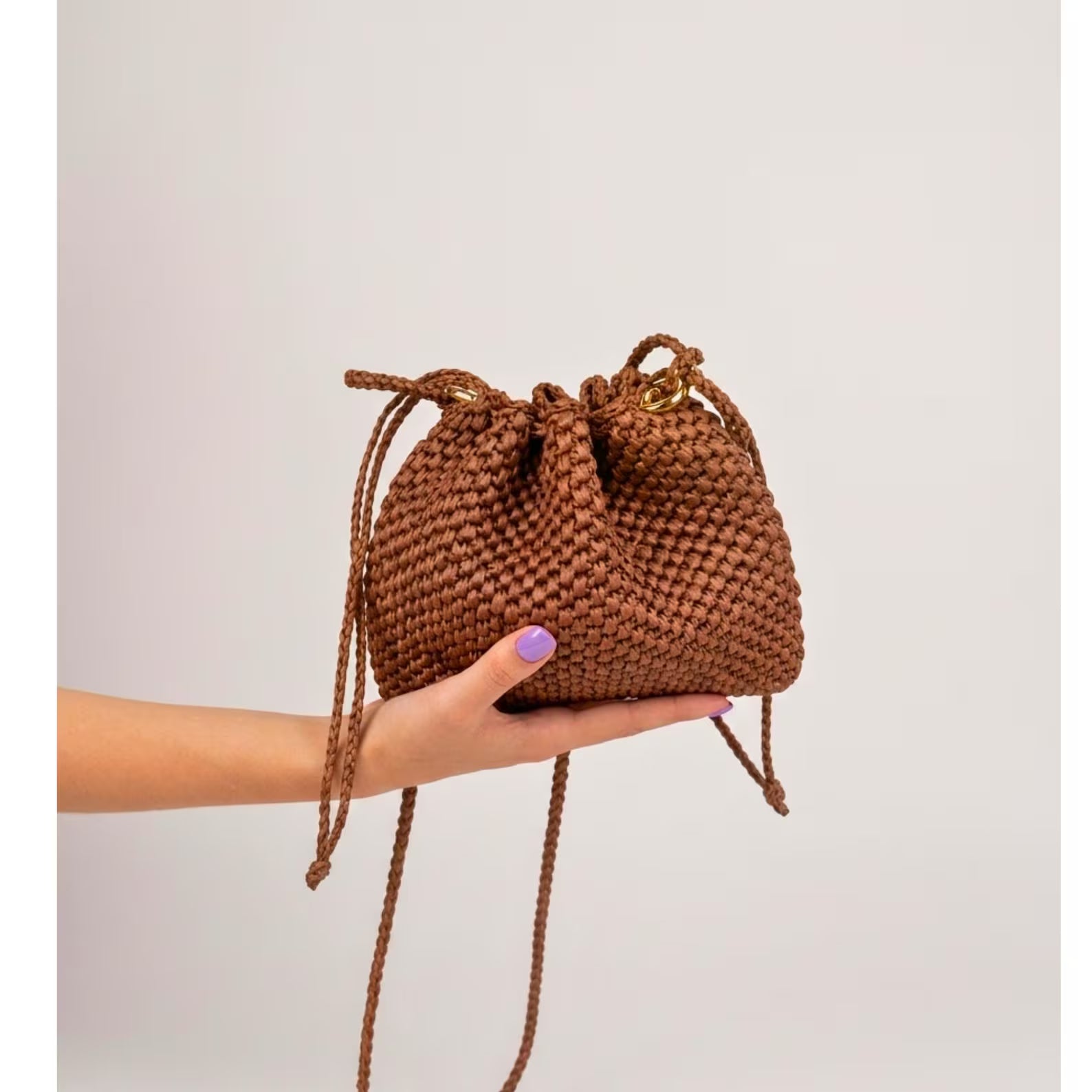 Hand Crochet Raffia Drawstring Mini Crossbody Bucket Bag