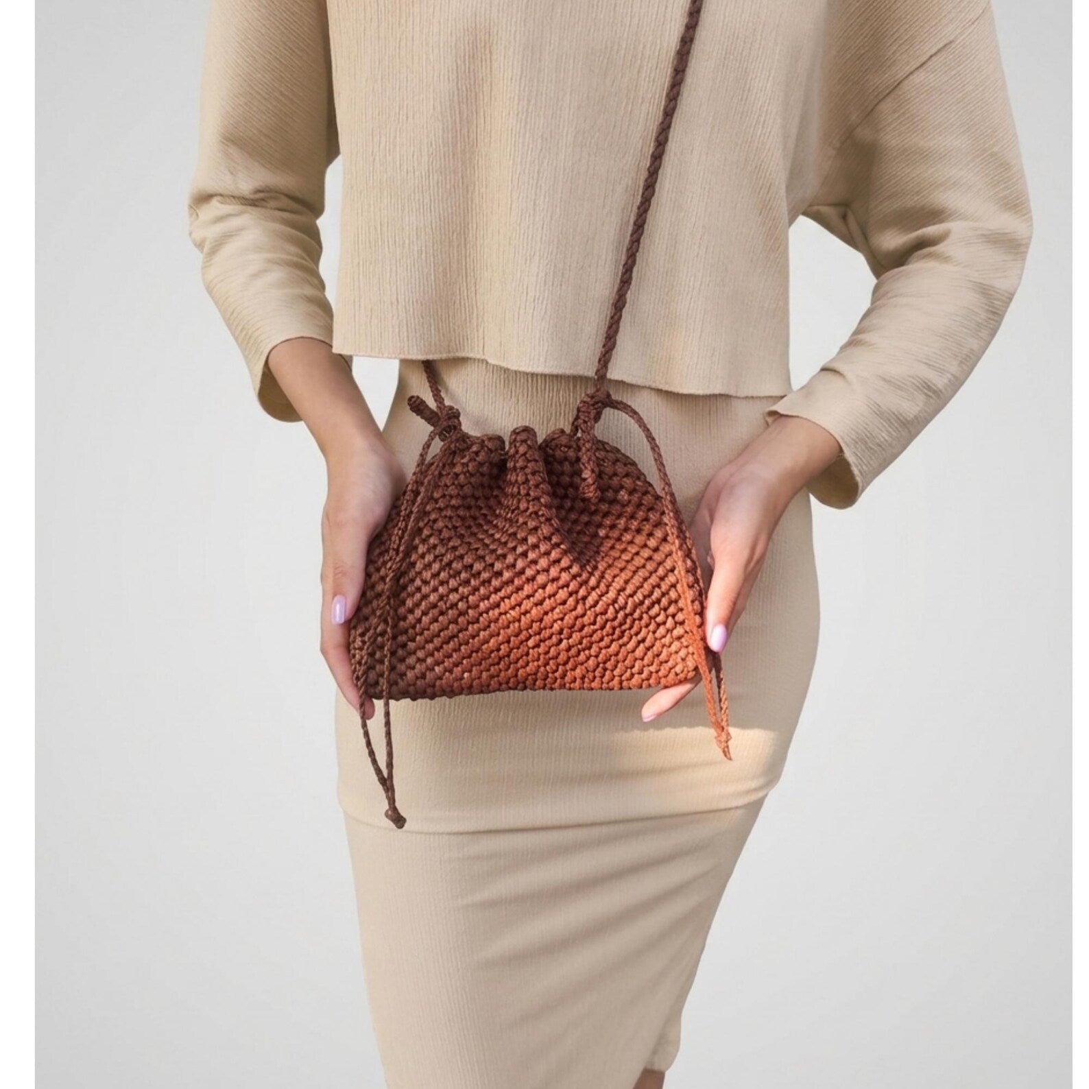 Hand Crochet Raffia Drawstring Mini Crossbody Bucket Bag