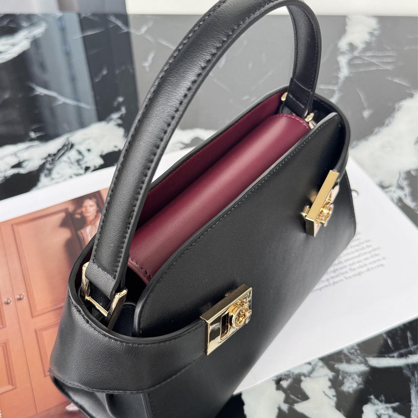 Dual Gold Turn Lock Leather Mini Top Handle Shoulder Bag