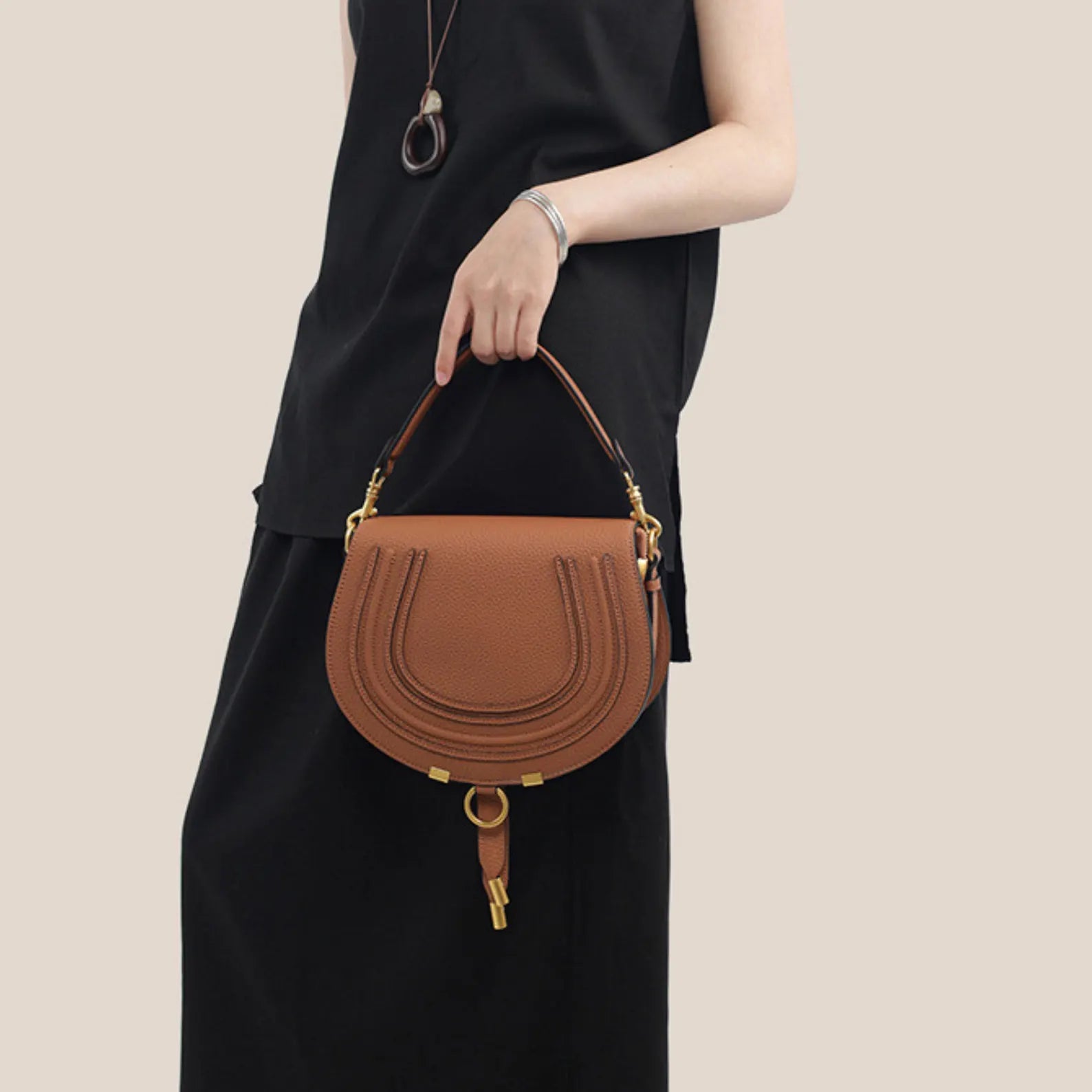 U-Stitch Genuine Leather Half Moon Saddle Crossbody Bag
