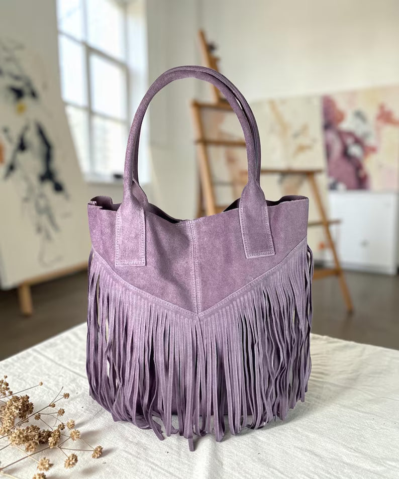 Women's Italian Suede Tote Bag with Tassels | Large Handmade Bag