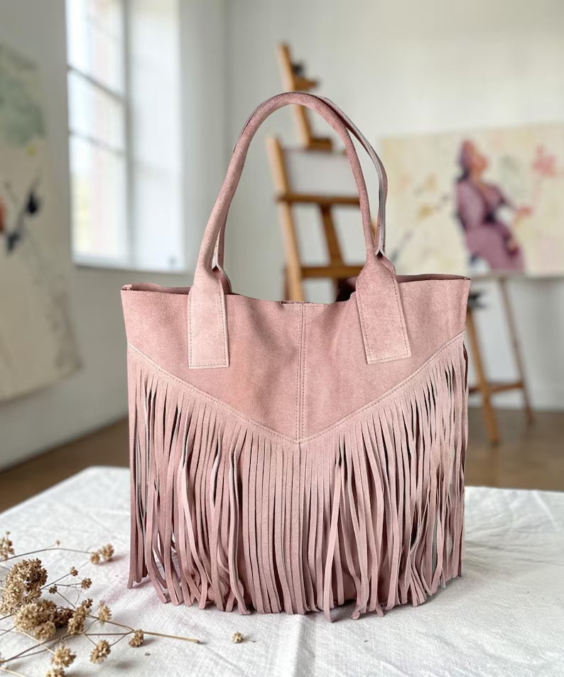 Women's Italian Suede Tote Bag with Tassels | Large Handmade Bag