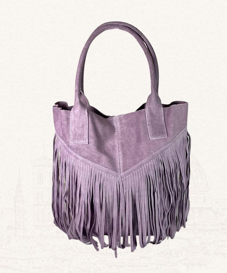 Women's Italian Suede Tote Bag with Tassels | Large Handmade Bag