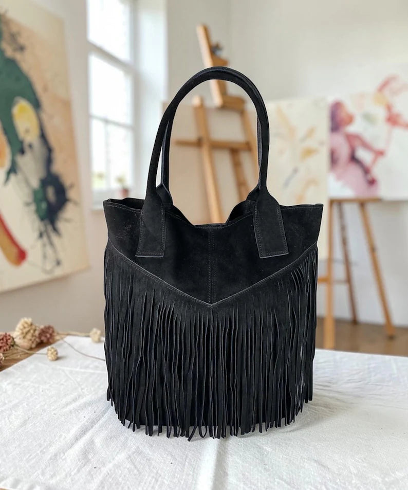 Women's Italian Suede Tote Bag with Tassels | Large Handmade Bag