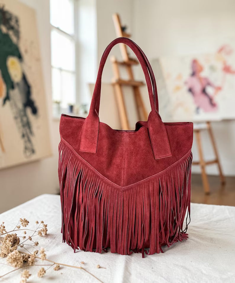 Women's Italian Suede Tote Bag with Tassels | Large Handmade Bag