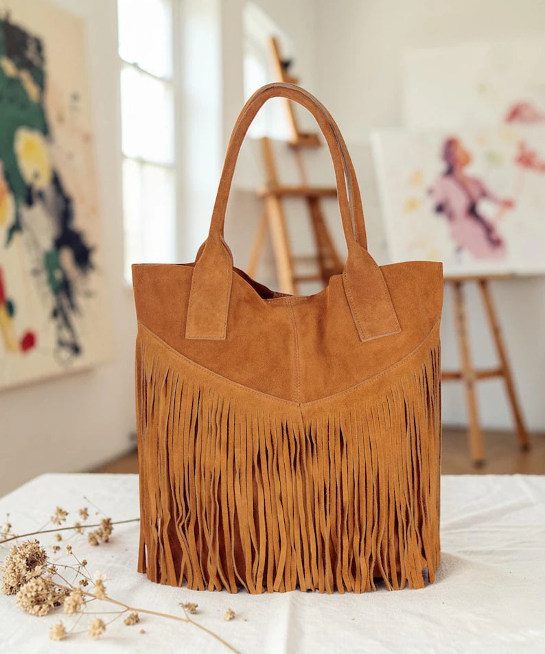 Women's Italian Suede Tote Bag with Tassels | Large Handmade Bag