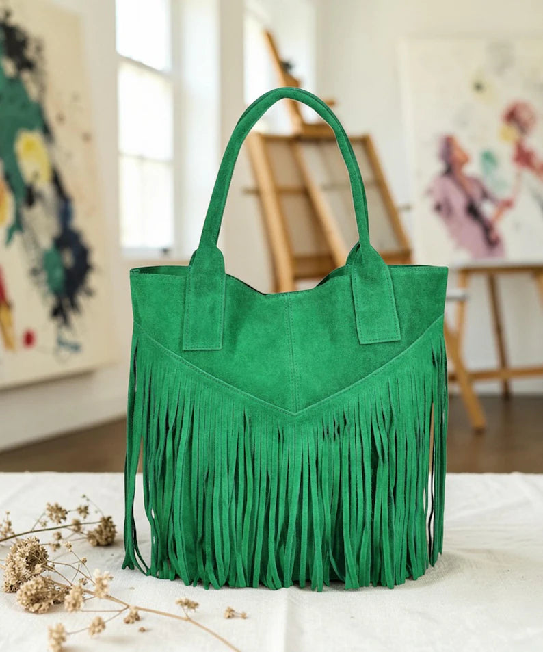 Women's Italian Suede Tote Bag with Tassels | Large Handmade Bag