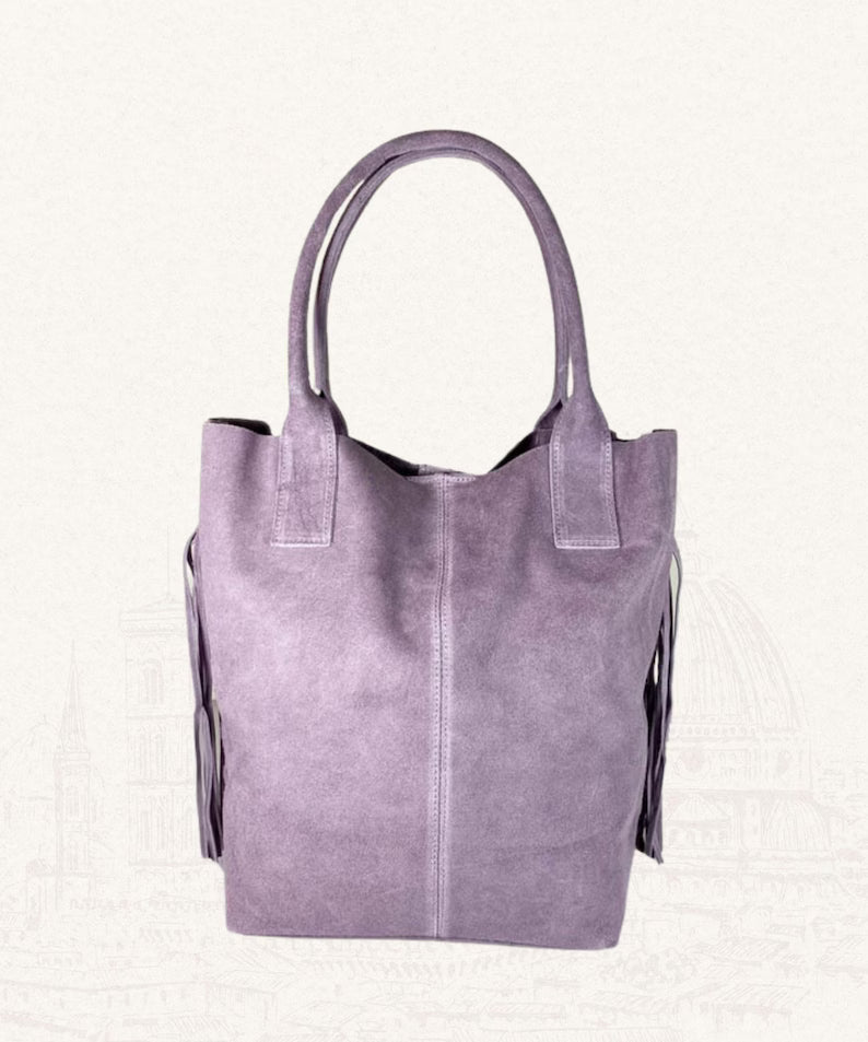 Women's Italian Suede Tote Bag with Tassels | Large Handmade Bag