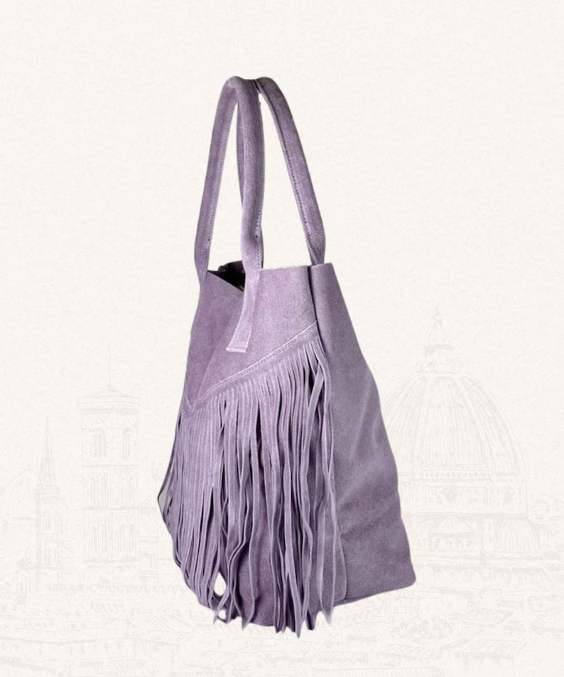 Women's Italian Suede Tote Bag with Tassels | Large Handmade Bag