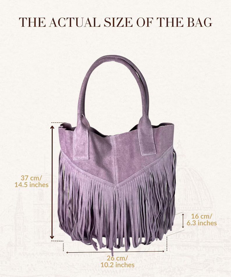 Women's Italian Suede Tote Bag with Tassels | Large Handmade Bag