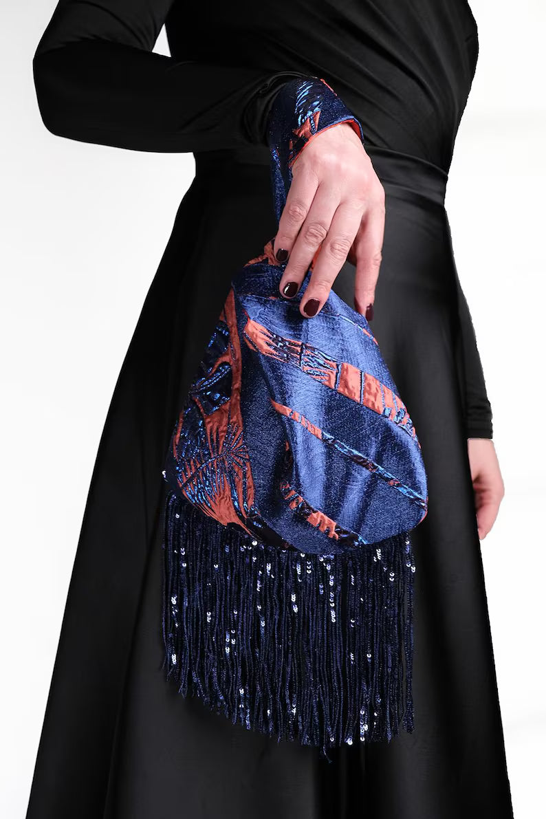 Handmade Sequin Tassel Evening Bag / Navy Blue Brocade Wedding Handbag
