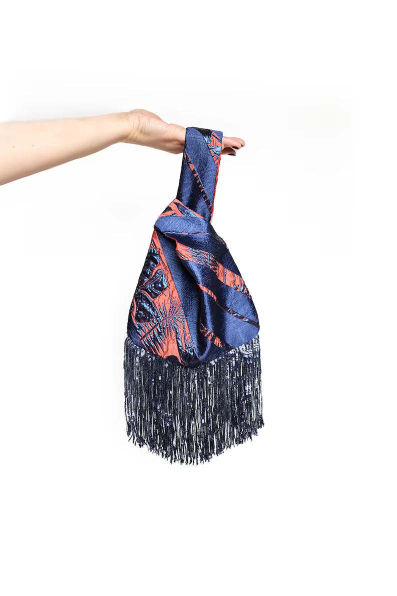 Handmade Sequin Tassel Evening Bag / Navy Blue Brocade Wedding Handbag