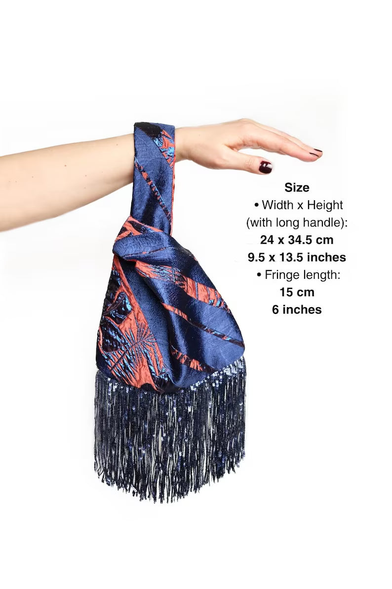 Handmade Sequin Tassel Evening Bag / Navy Blue Brocade Wedding Handbag