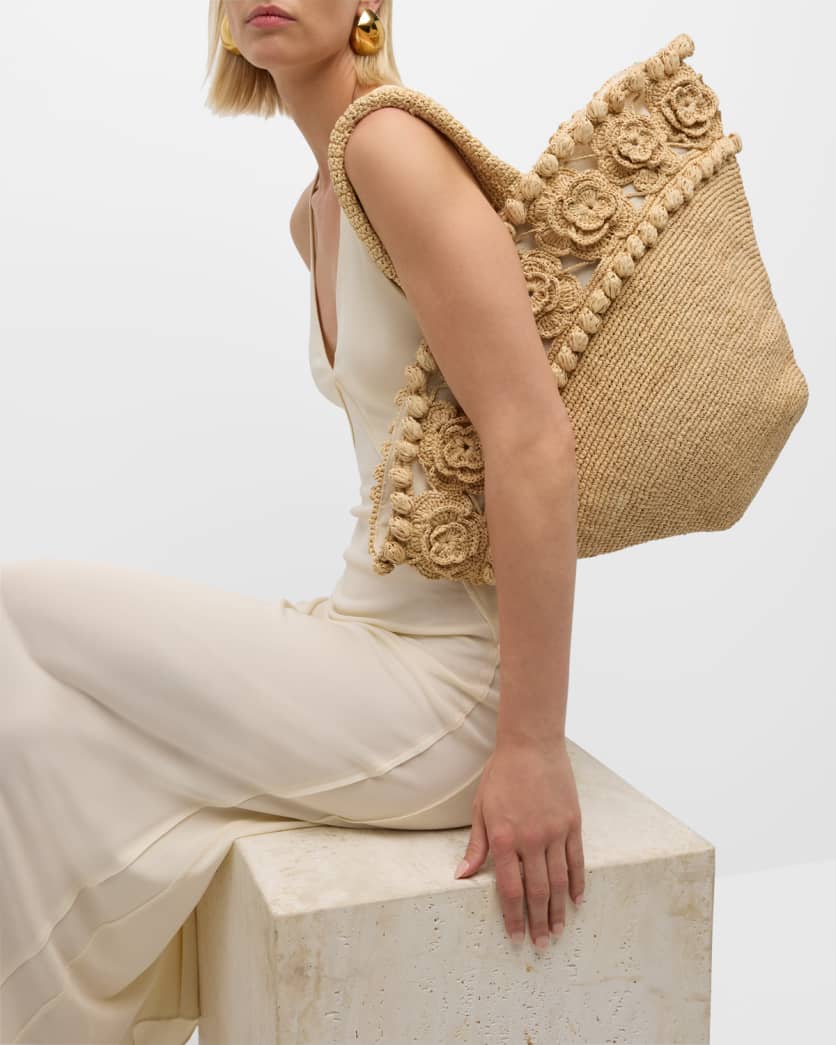 Floral-pattern raffia tote bag