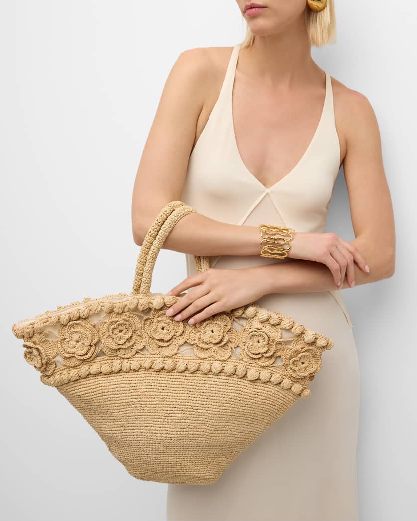 Floral-pattern raffia tote bag